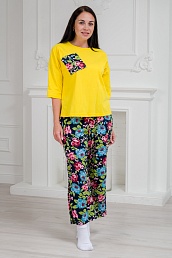 Пижама из джемпера и брюк из кулирки Жасмин цветы на черном макс